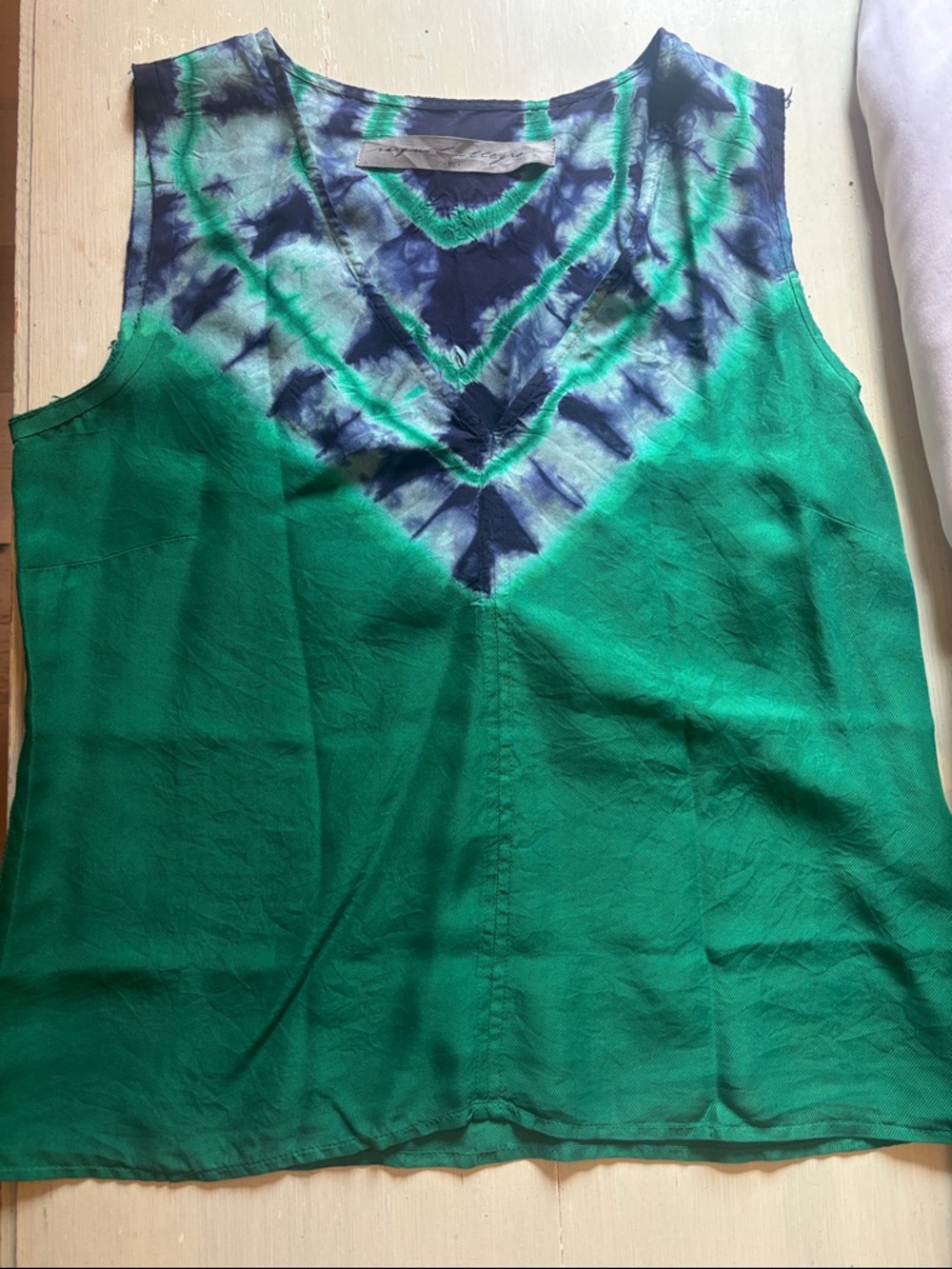 Raquel Allegra Green and Navy Tie-Dye V-Neck Sleeveless Top